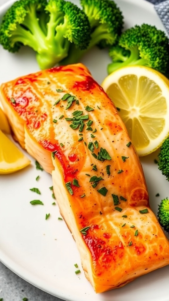 Simple 3-Ingredient Air Fryer Salmon Recipe Air fryer salmon fillet garnished with herbs, served with broccoli and lemon on a white plate.